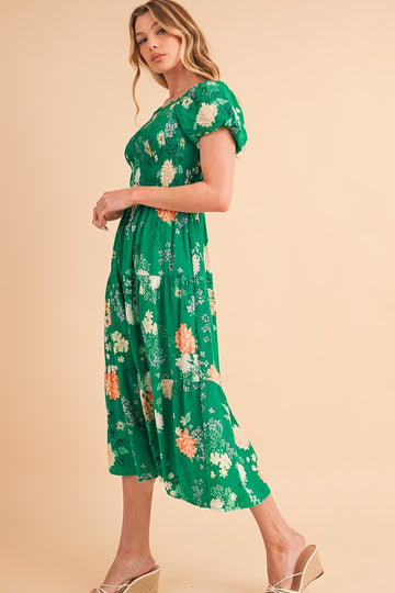Green Floral Smocked Dress