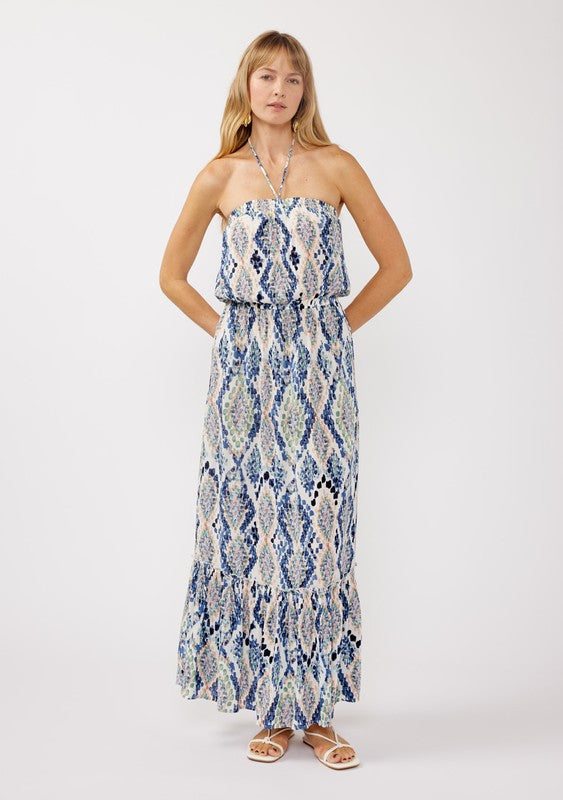 Blue Diamond Snake Print Halter Tie Dress