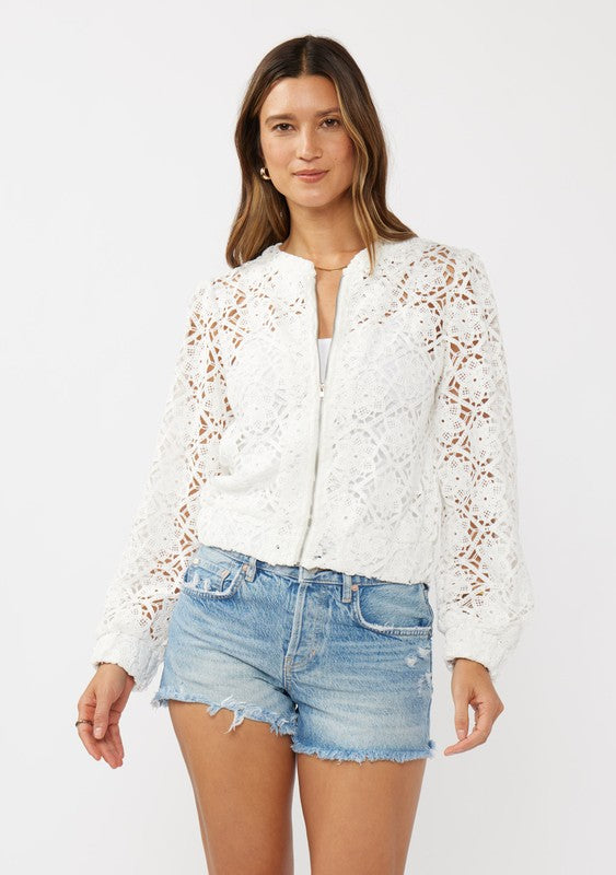 White Crochet Lace Bomber Jacket