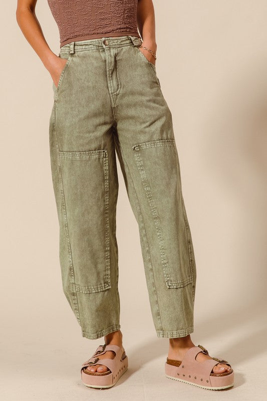 Mineral Wash Olive Barrel Pants