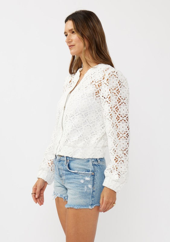 White Crochet Lace Bomber Jacket