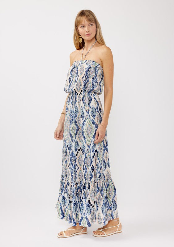 Blue Diamond Snake Print Halter Tie Dress