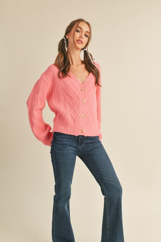 Pink Mixed Cable Knit Cardigan