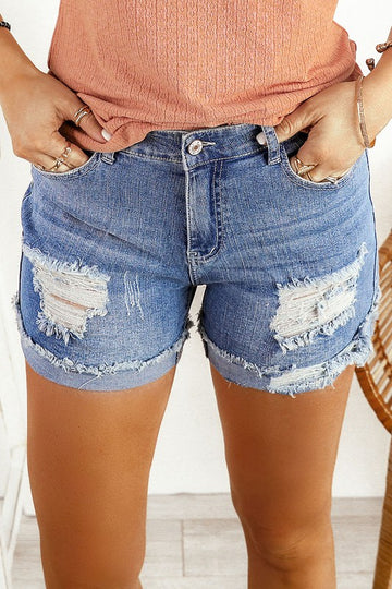 Distressed Ripped Rolled Hem Shorts