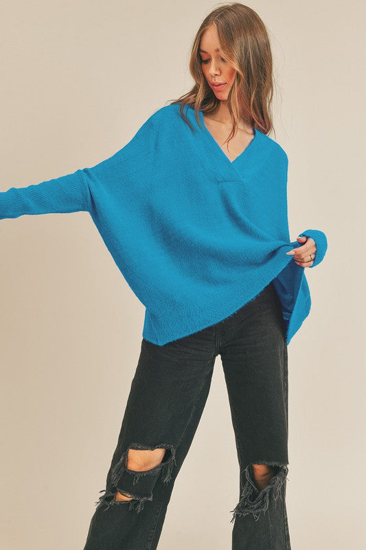 Teal Blue Oversized V Neck