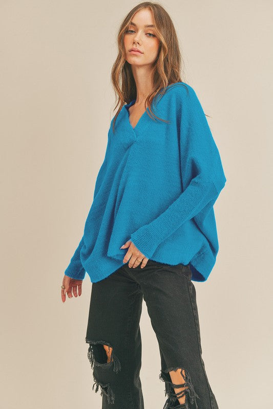 Teal Blue Oversized V Neck