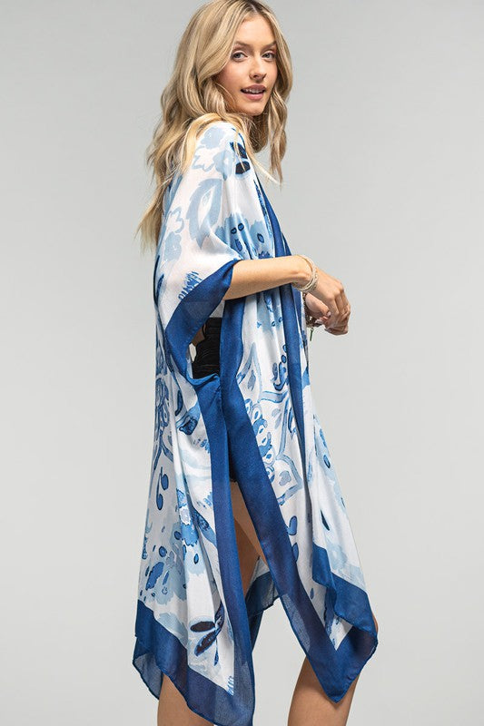 Blue Watercolor Floral Kimono