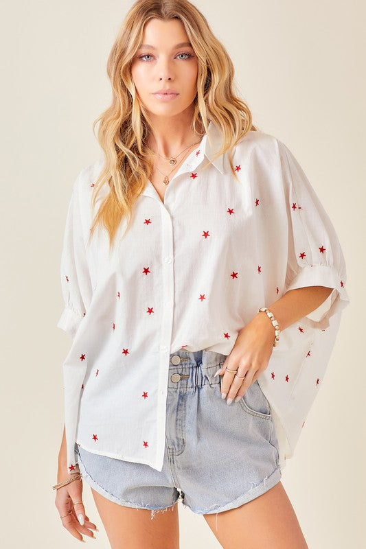 Red Embroidered Star Button Down