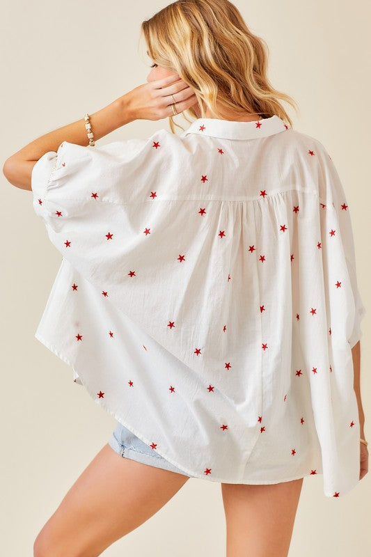 Red Embroidered Star Button Down