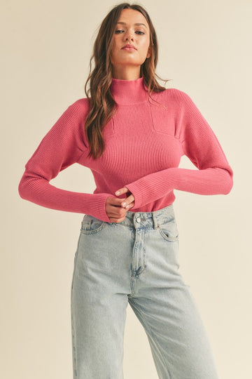 Raspberry Cream Ribbed Mock Neck Sweater