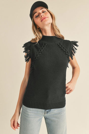 Black Fringe Mock Neck Vest