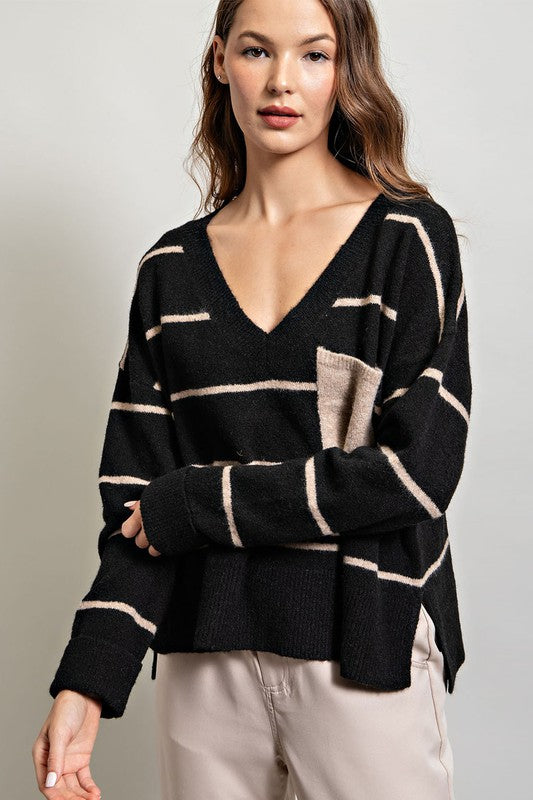 Black Knit Stripe V Neck Pullover