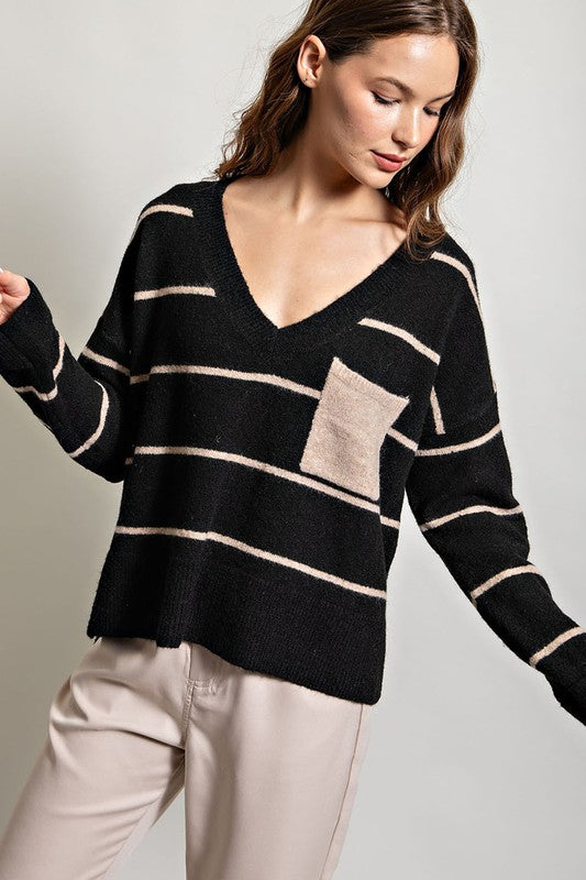 Black Knit Stripe V Neck Pullover