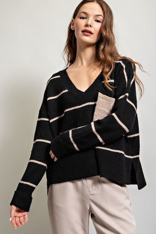 Black Knit Stripe V Neck Pullover