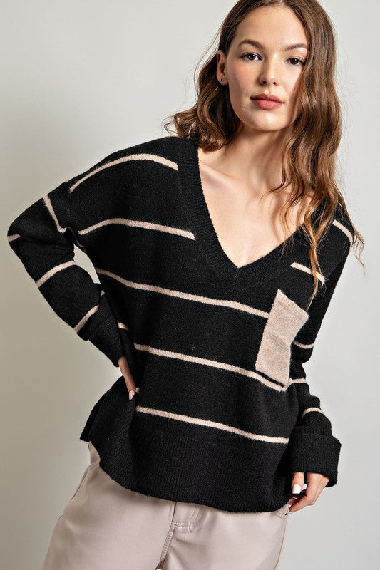 Black Knit Stripe V Neck Pullover