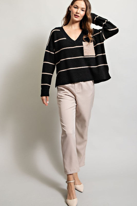 Black Knit Stripe V Neck Pullover