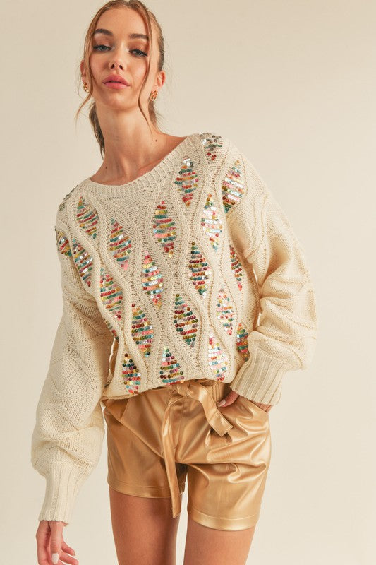 Sequin Embellished Ivory Sweater