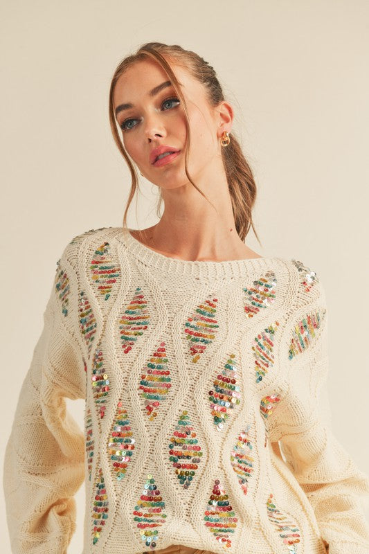 Sequin Embellished Ivory Sweater