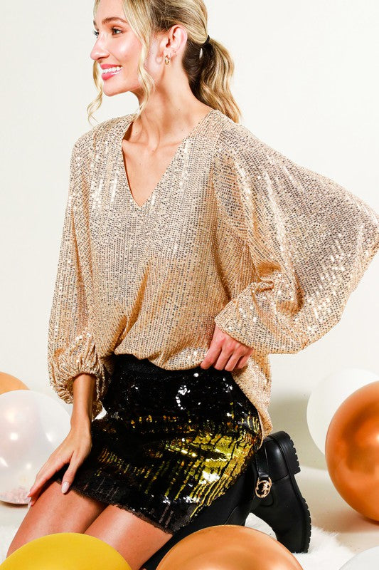 Gold Sequin Bubble Sleeve Top