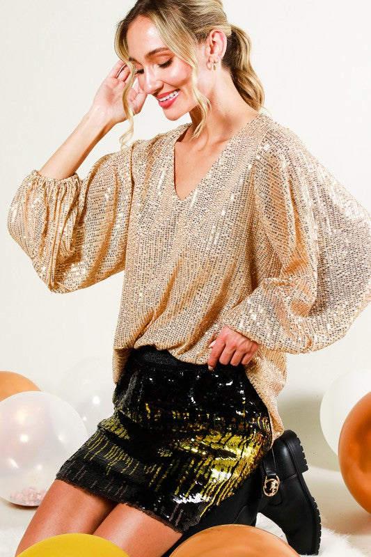 Gold Sequin Bubble Sleeve Top