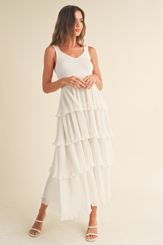 White Pleated Tiered Midi Dress