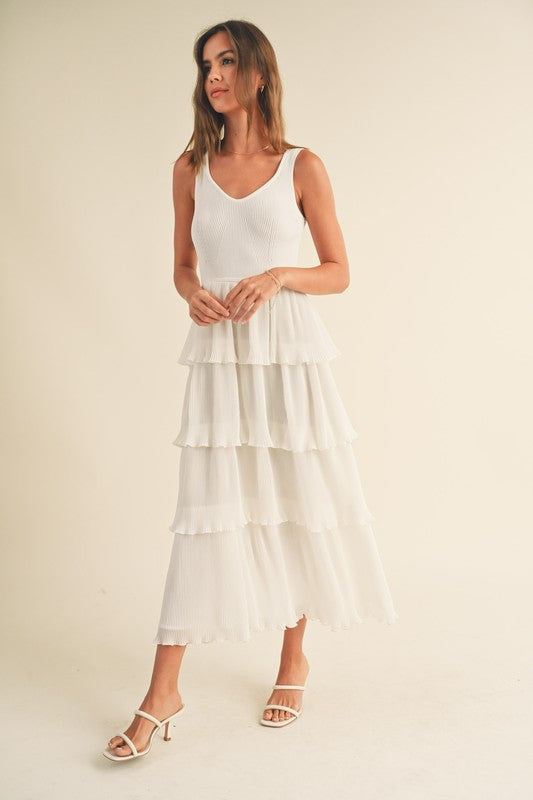 White Pleated Tiered Midi Dress