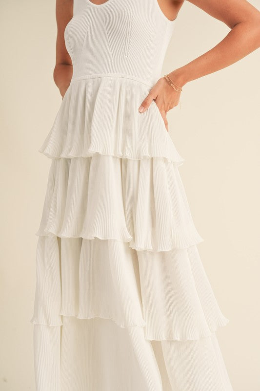 White Pleated Tiered Midi Dress