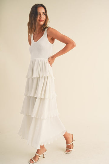 White Pleated Tiered Midi Dress