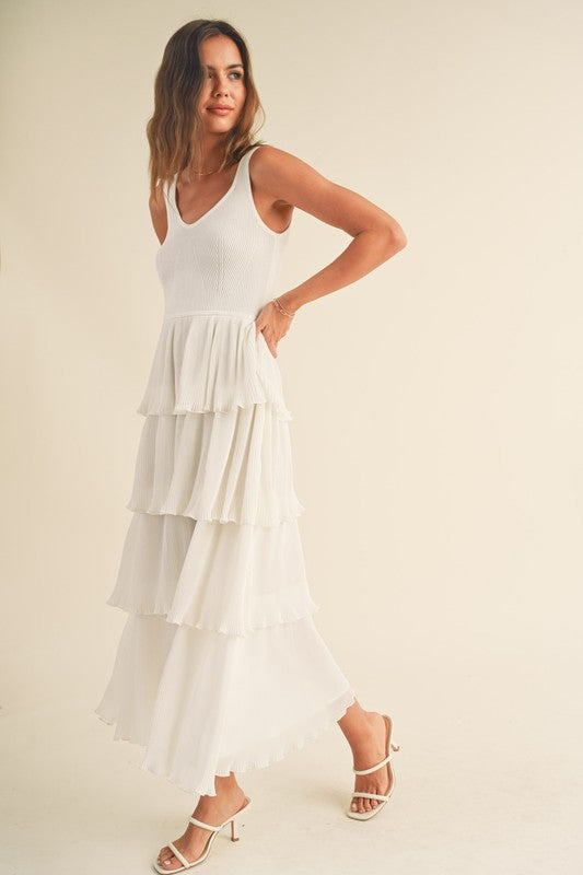 White Pleated Tiered Midi Dress