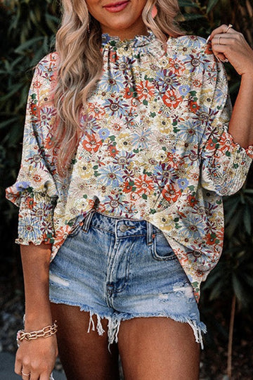 Shirred Puff Ruffle Floral Blouse