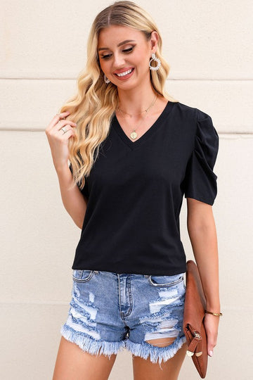 Puff Sleeve Relaxed V Neck