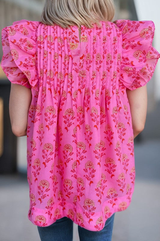 Rose Red Boho Ruffle Pleated Blouse