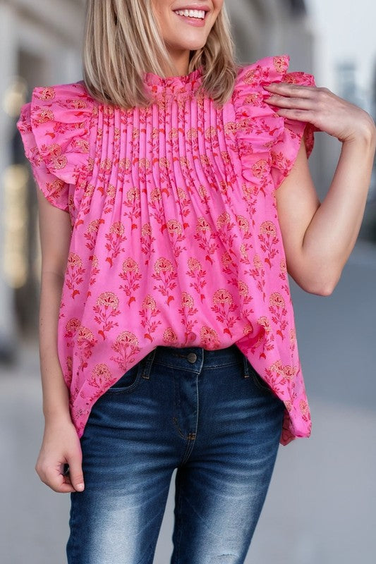 Rose Red Boho Ruffle Pleated Blouse