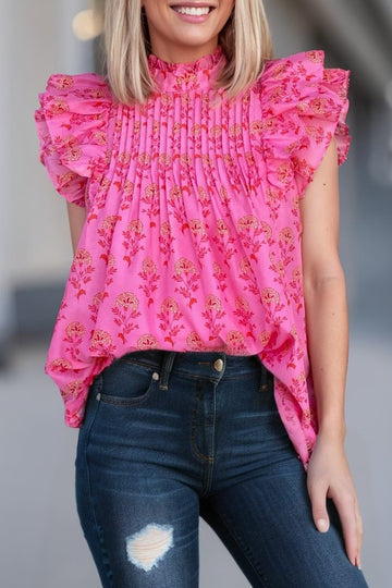 Rose Red Boho Ruffle Pleated Blouse