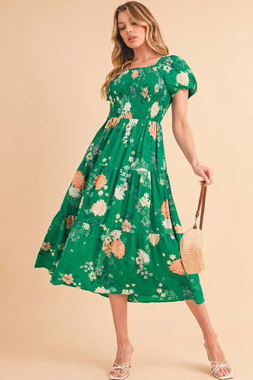 Green Floral Smocked Dress