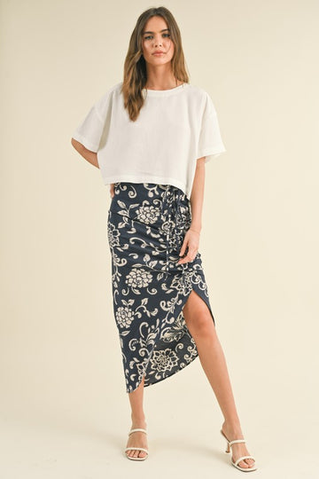Ink Blue Pattern Ruched Skirt