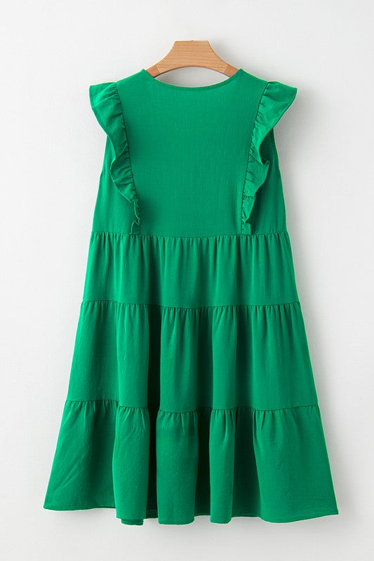 Green Ruffle and Flutter Shift Dress