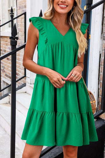 Green Ruffle and Flutter Shift Dress