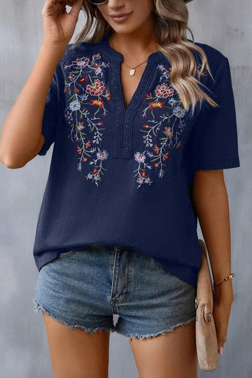 Floral Embroidery & Lace Split V Top