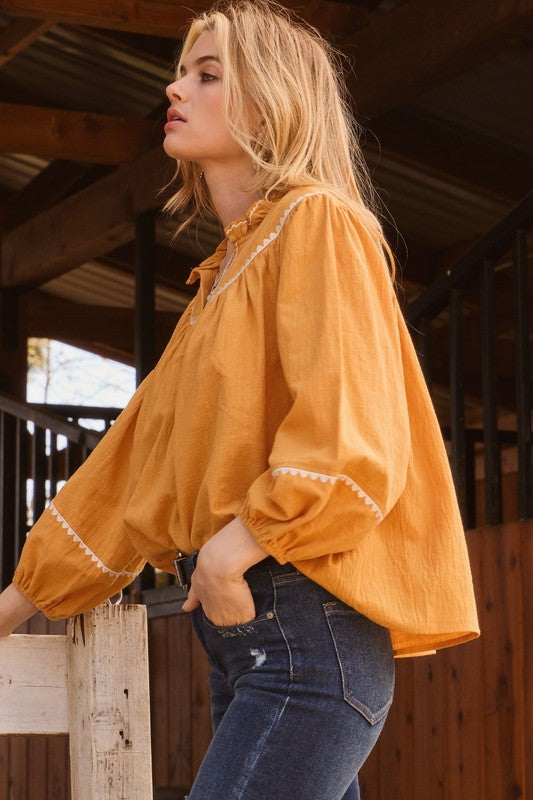 Cotton Mustard White Trim Blouse