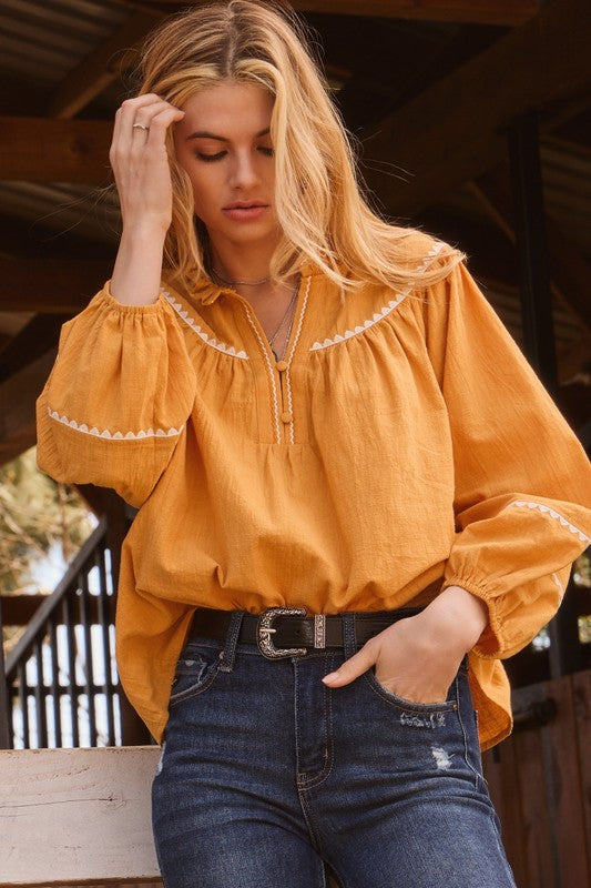 Cotton Mustard White Trim Blouse