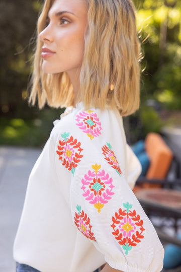 Floral Sleeve Embroidered Raglan Top