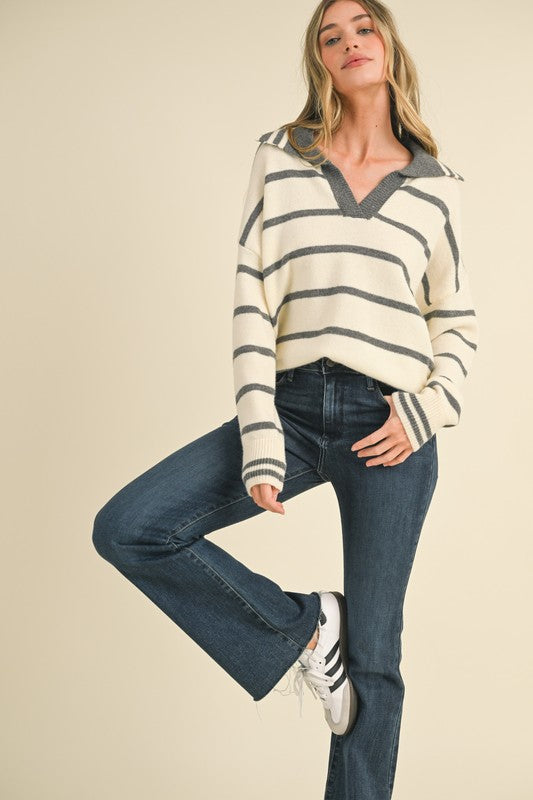 Gray & Ivory Striped Collared Sweater