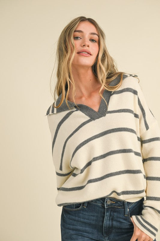 Gray & Ivory Striped Collared Sweater