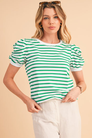 Green Stripe Puff Sleeve Everyday Top
