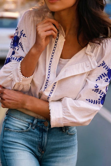 Blue Embroidered Button Up Top