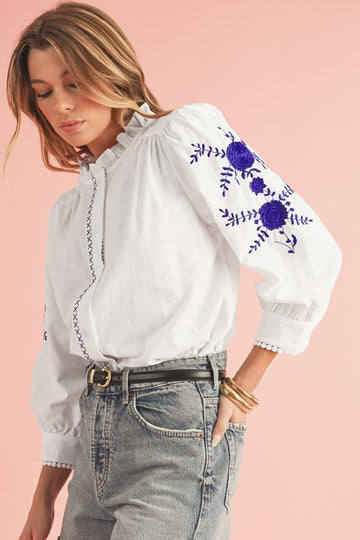 Cotton and Blue Embroidered Blouse
