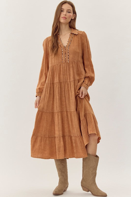 Toffee Cotton Textured Midi Dress