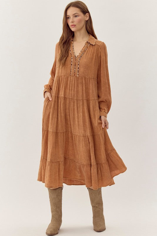 Toffee Cotton Textured Midi Dress