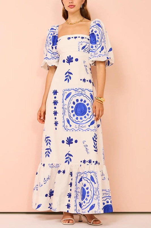 Blue Print Puff Sleeve Maxi Dress